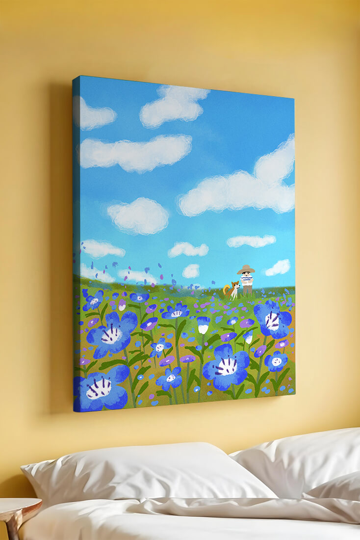 Man and dog in vibrant flower meadow under blue sky