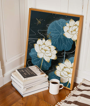 Elegant lotus flowers with dragonflies on a starry night background