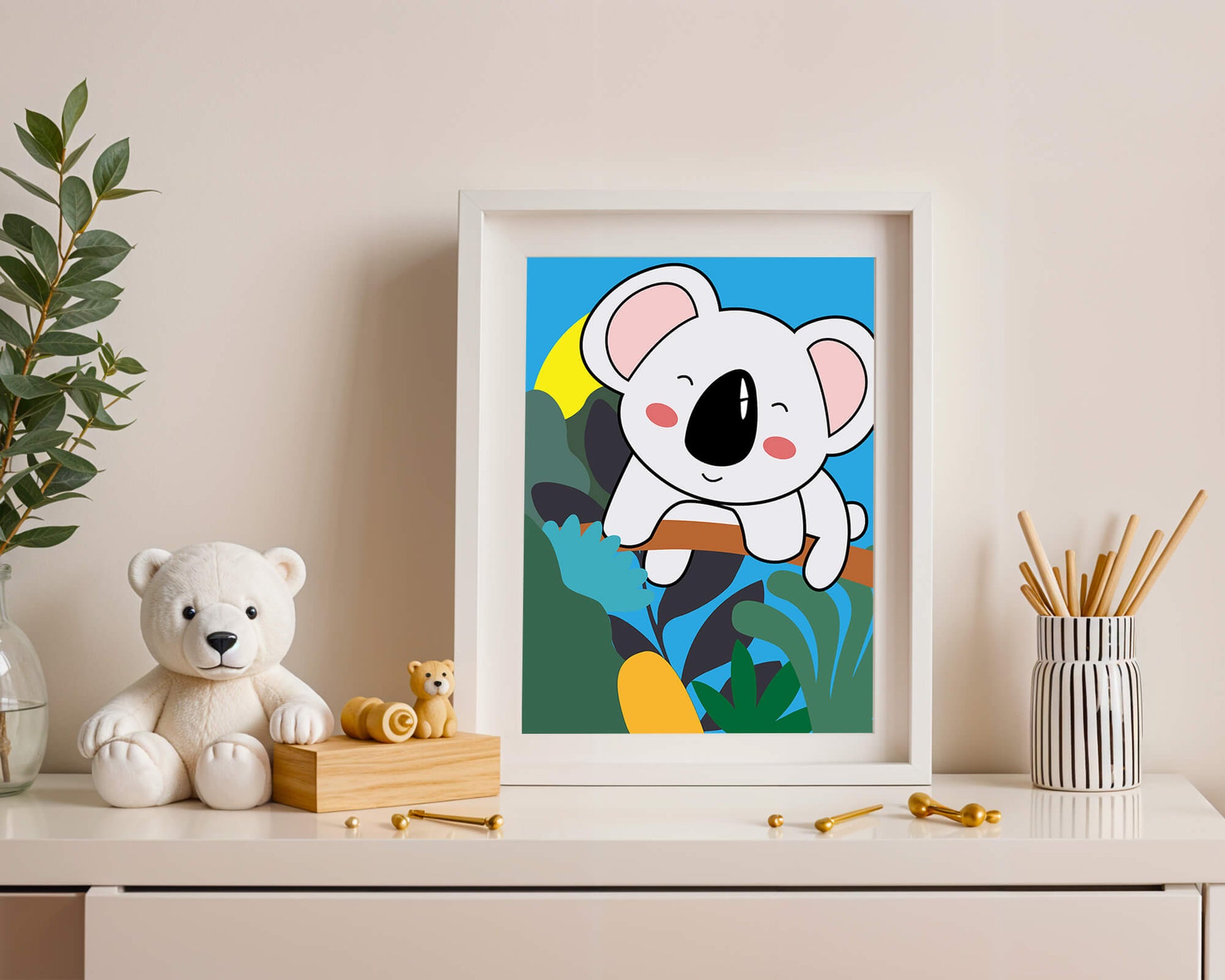 Charming illustrated koala on a branch with vibrant background