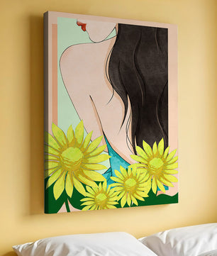 Ilustración de una mujer elegante con girasoles y cabello largo y oscuro