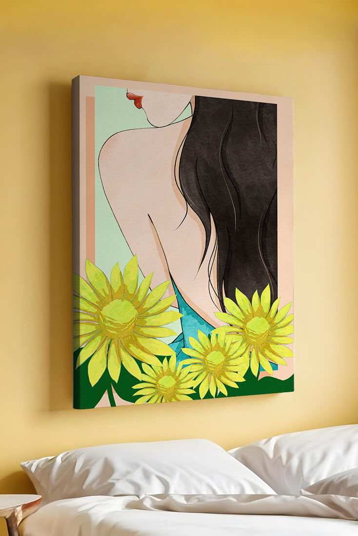 Ilustración de una mujer elegante con girasoles y cabello largo y oscuro