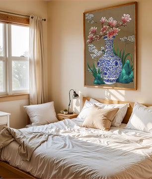 Arreglo floral elegante en un jarrón de porcelana azul y blanco con magnolias