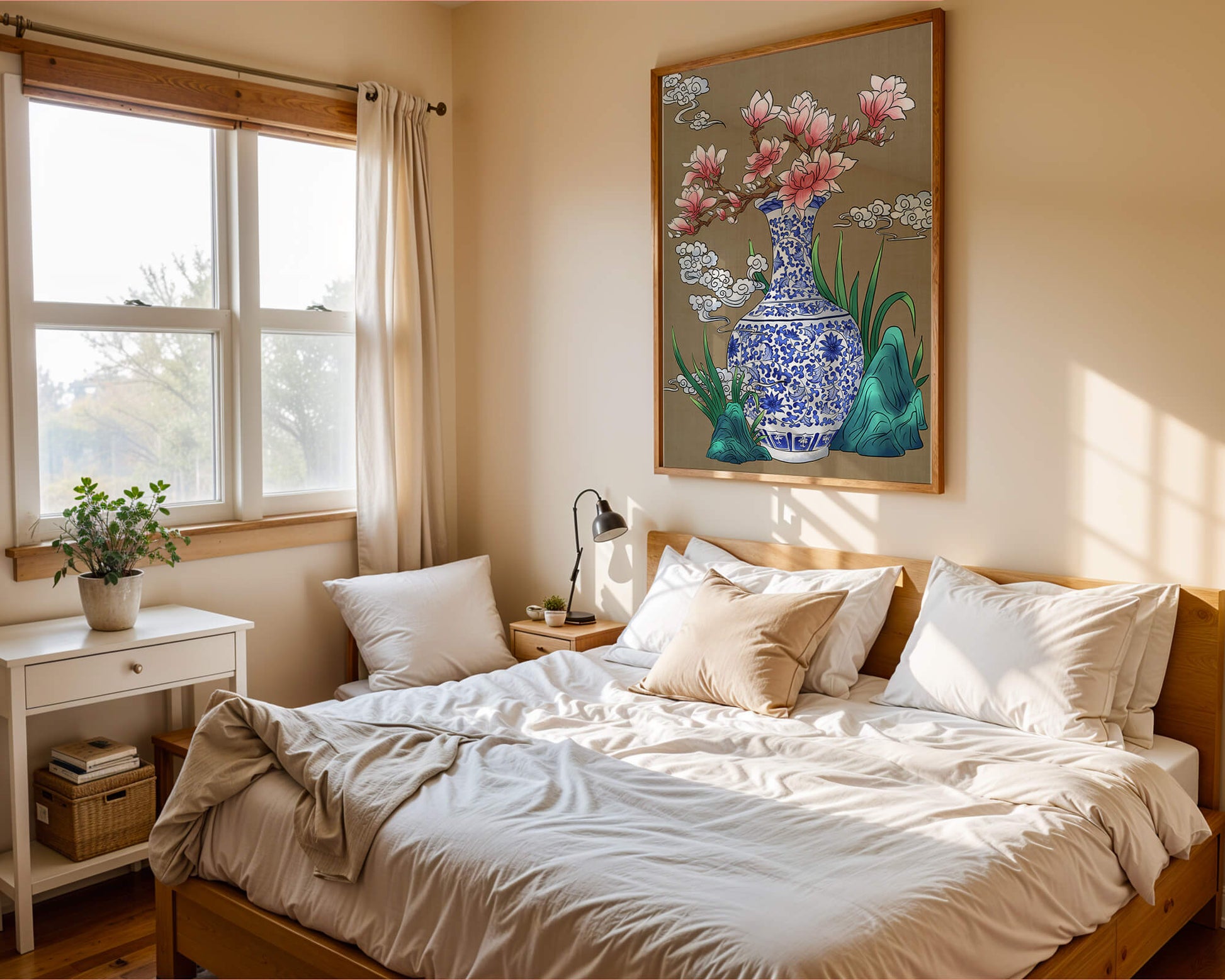 Elegante arreglo floral en jarrón de porcelana azul y blanca con magnolias.