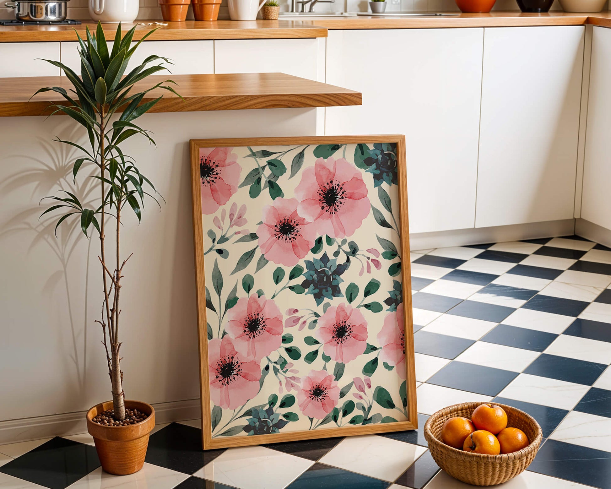 Floral Watercolor Pattern with Pink Flowers and Green Leaves