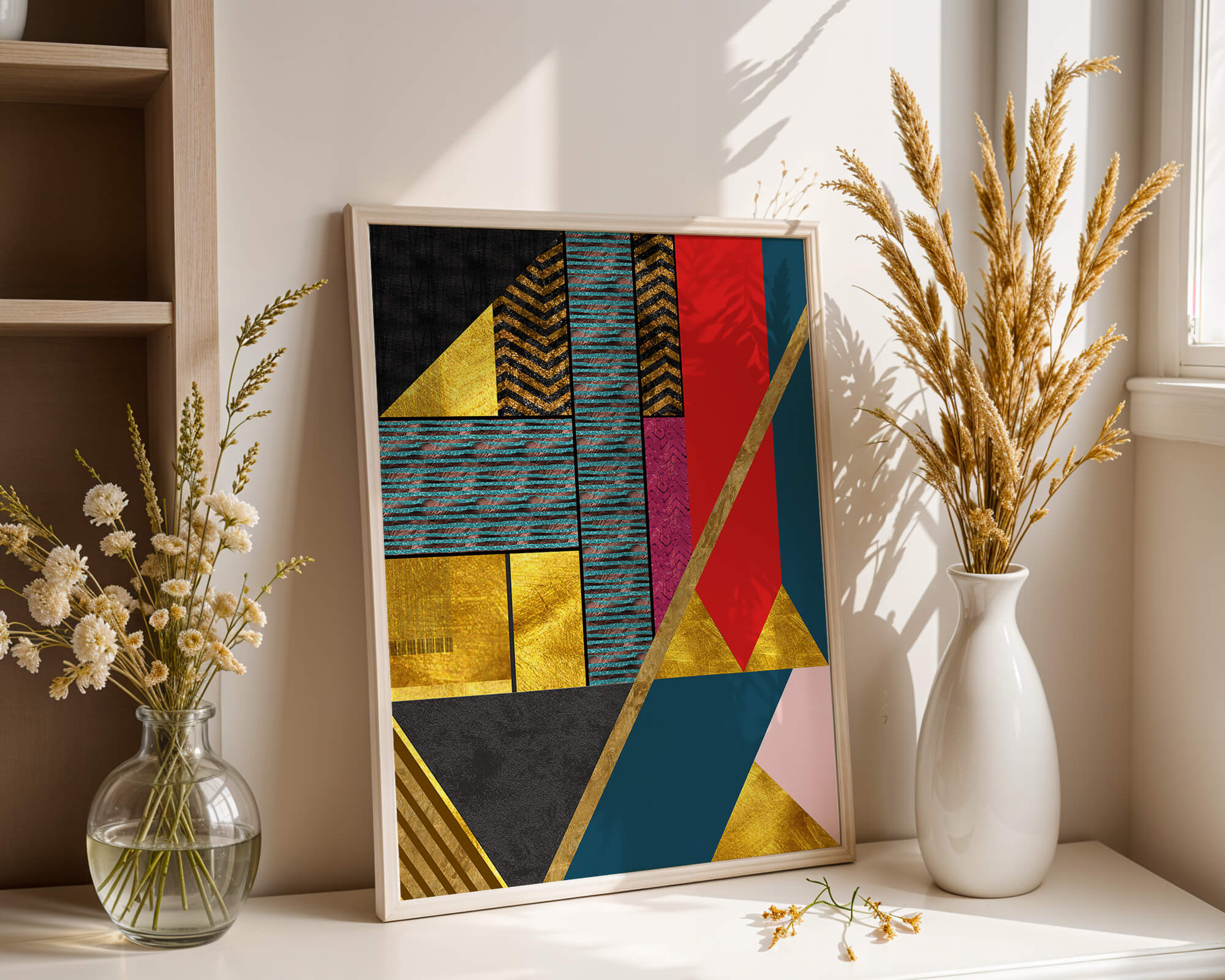 Geometric abstract art with bold colors and golden accents