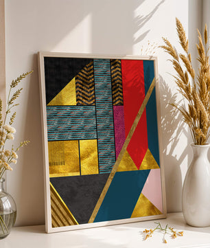 Geometric abstract art with bold colors and golden accents