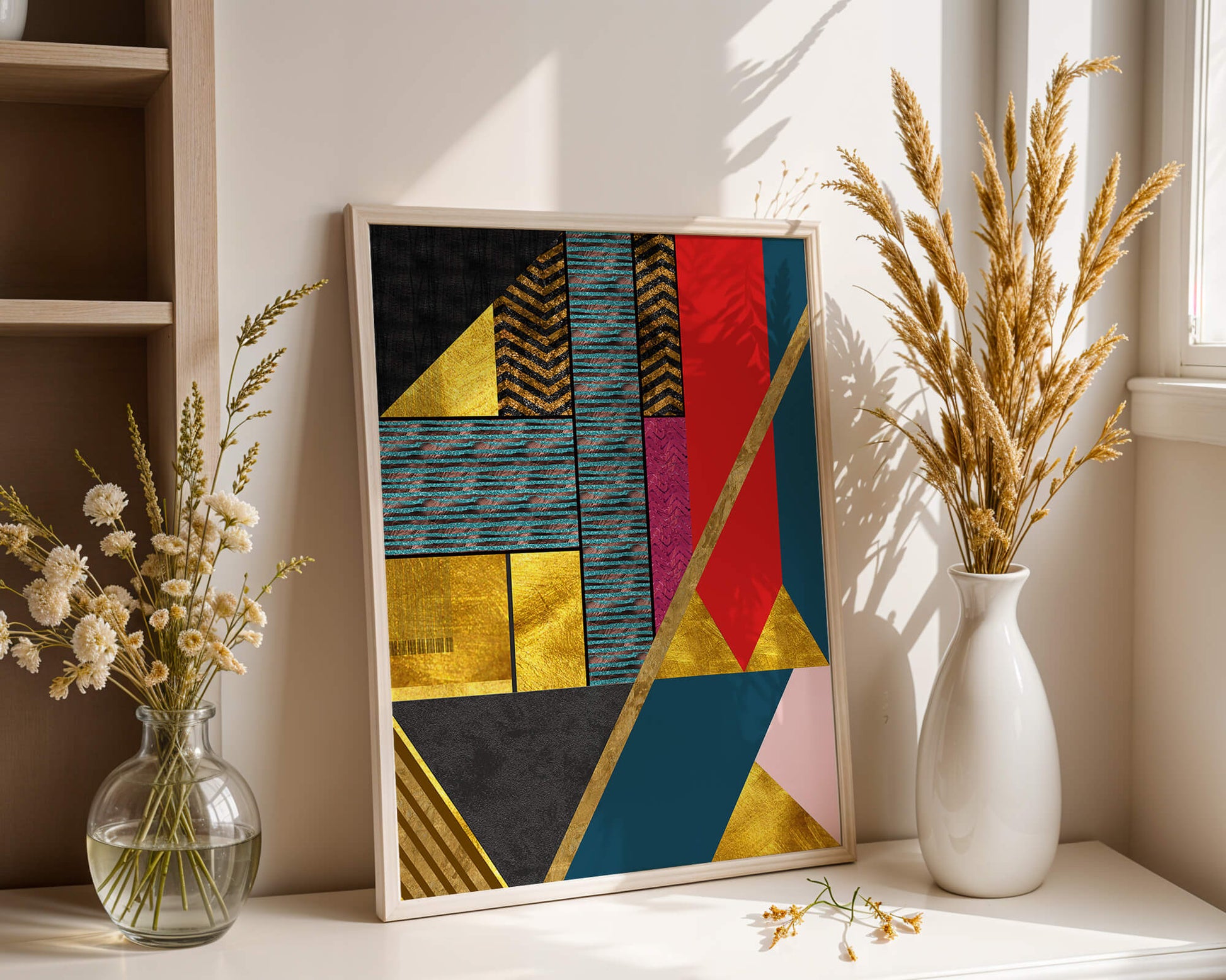 Geometric abstract art with bold colors and golden accents