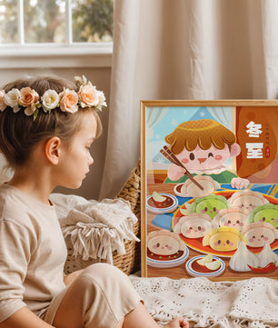 Festive cartoon illustration of a child enjoying dumplings during winter solstice