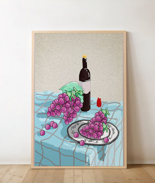 Still Life with Grapes and Wine Bottle on a Checkered Tablecloth - Mi tienda