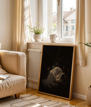 Abstract depiction of a figure surrounded by floral elements
