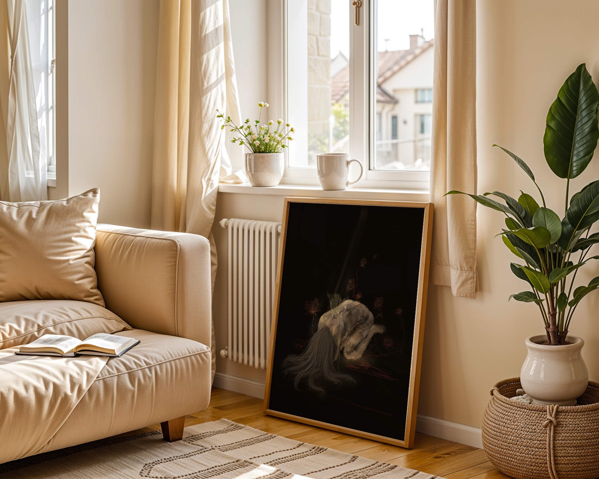 Abstract depiction of a figure surrounded by floral elements