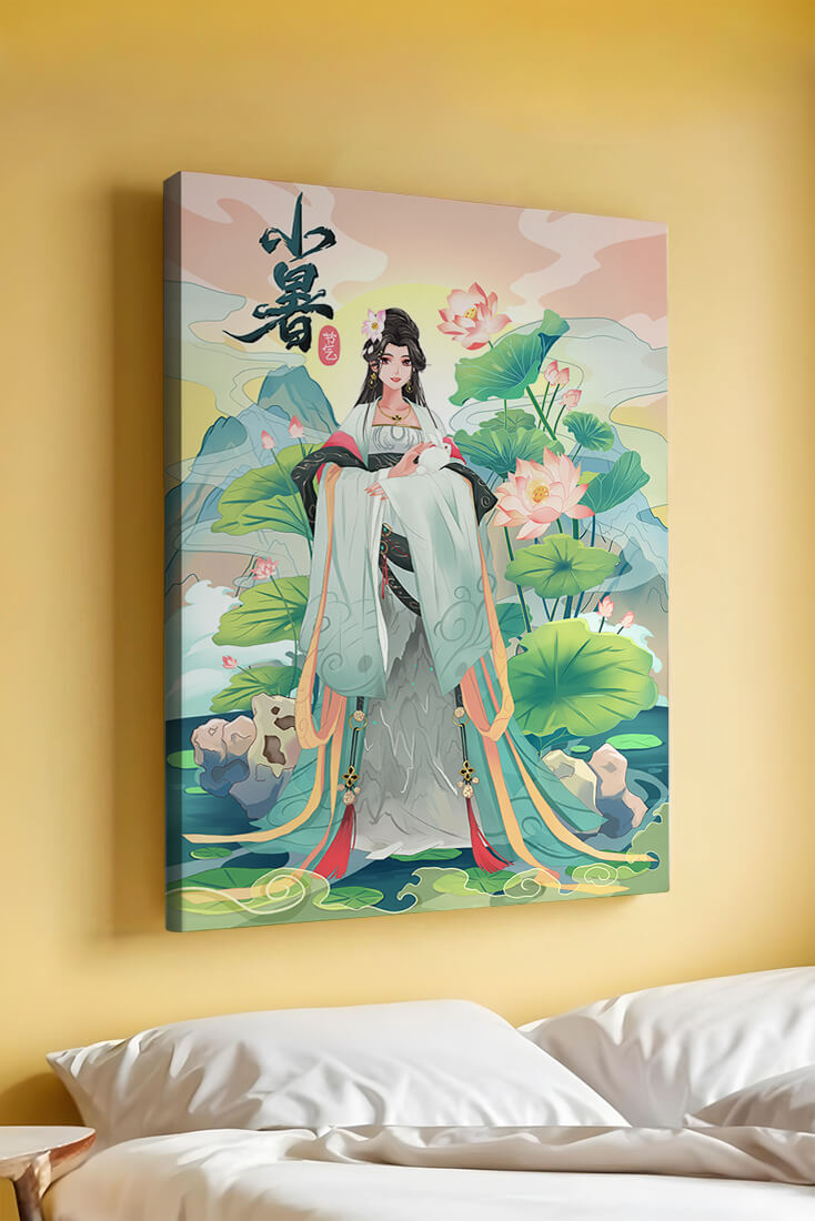 Elegant woman in traditional attire with lotus flowers and serene backdrop