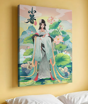 Elegant woman in traditional attire with lotus flowers and serene backdrop