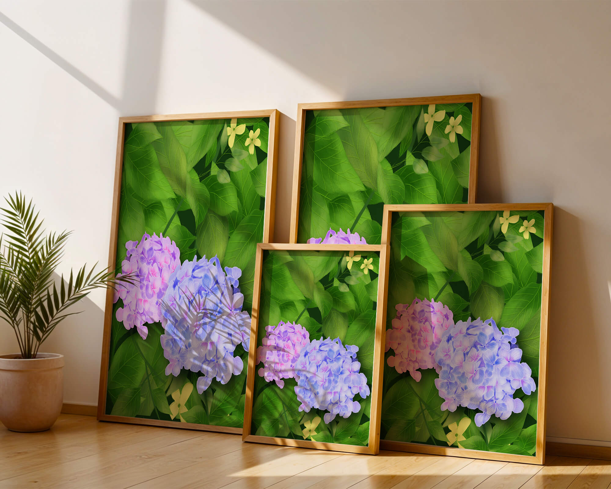 Delicate hydrangeas with lush green leaves in a vibrant botanical scene