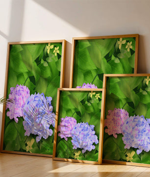 Delicate hydrangeas with lush green leaves in a vibrant botanical scene