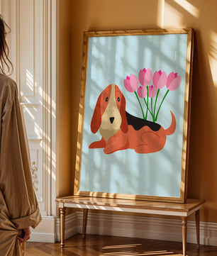Illustration eines Basset Hound mit rosa Blumen auf hellblauem Hintergrund