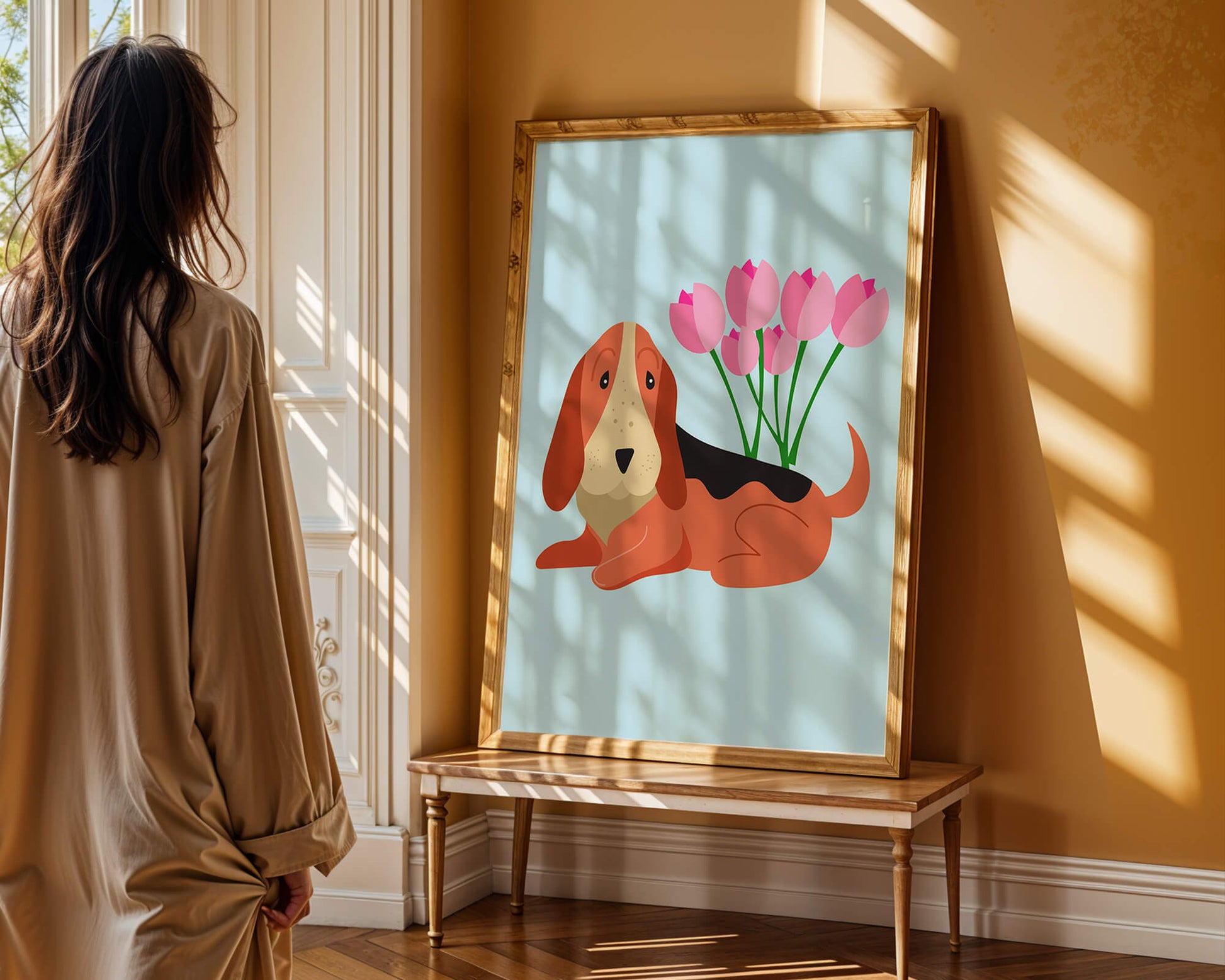 Illustration eines Basset Hound mit rosa Blumen auf hellblauem Hintergrund
