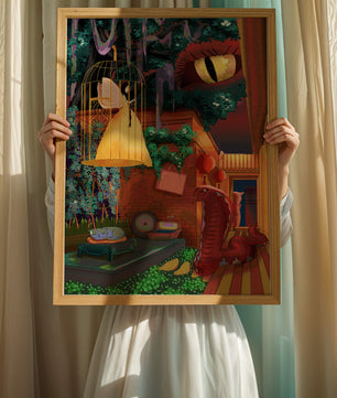 Jardín encantado con hada, serpiente y elementos misteriosos