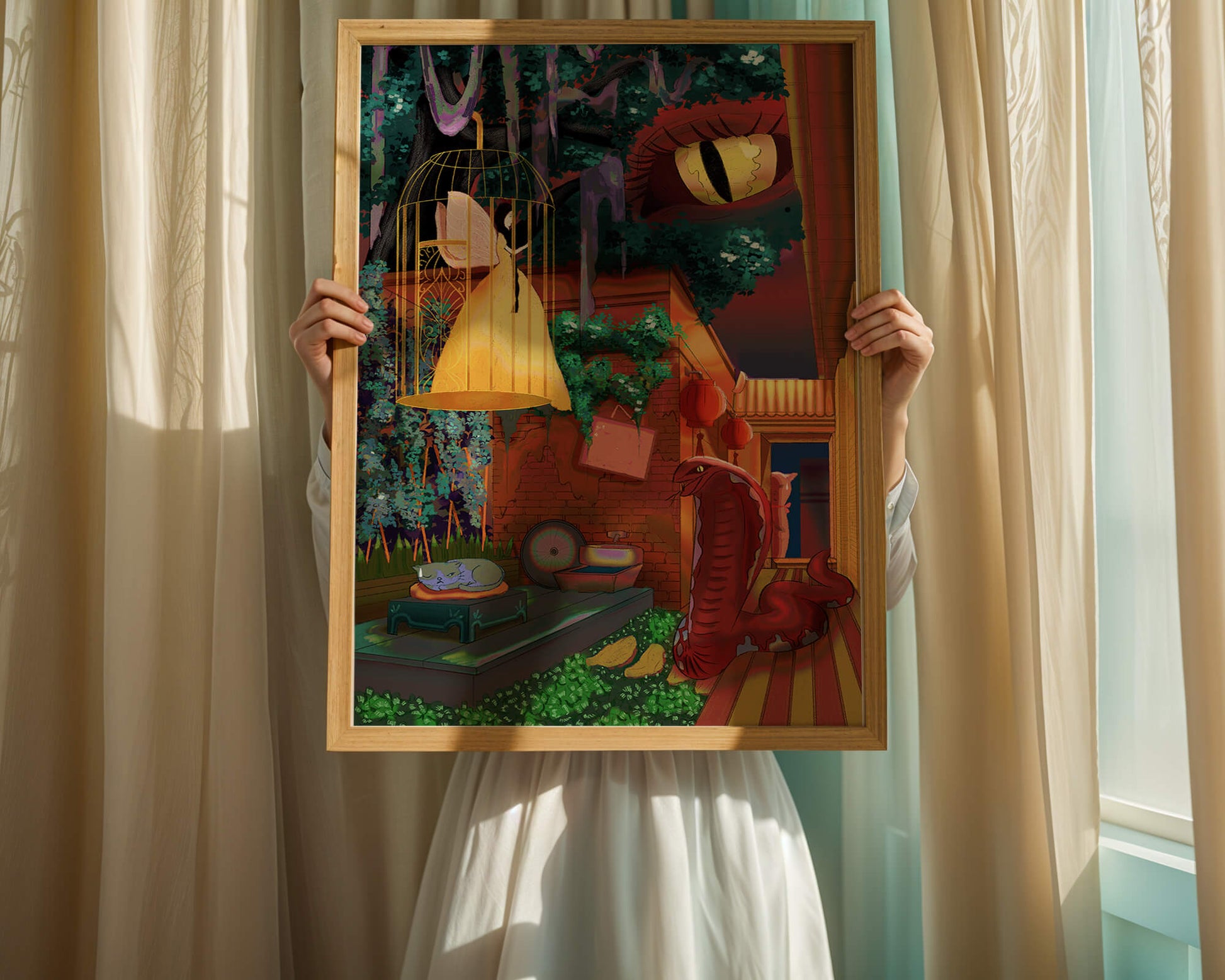 Enchanted garden with fairy, snake, and mysterious elements