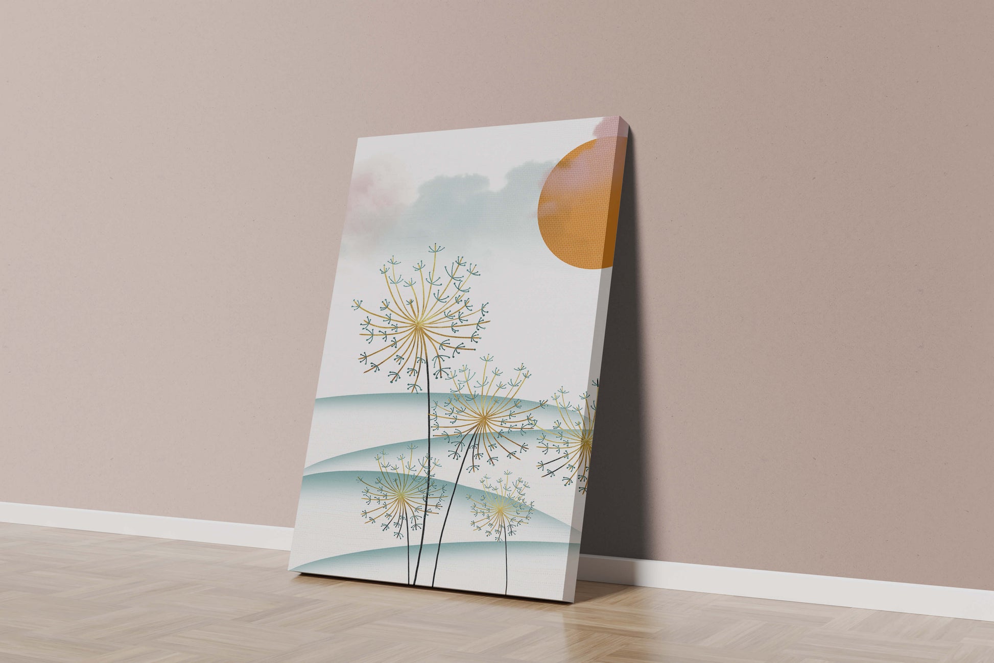 Abstrakte Landschaft mit Löwenzahn und orangefarbener Sonne
