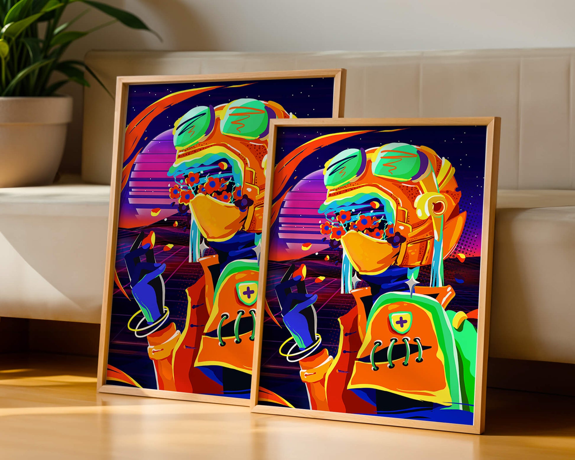 Vibrant futuristic illustration with a colorful character in helmet and flowers