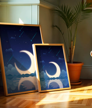 Serene night sky with crescent moon reflecting on water
