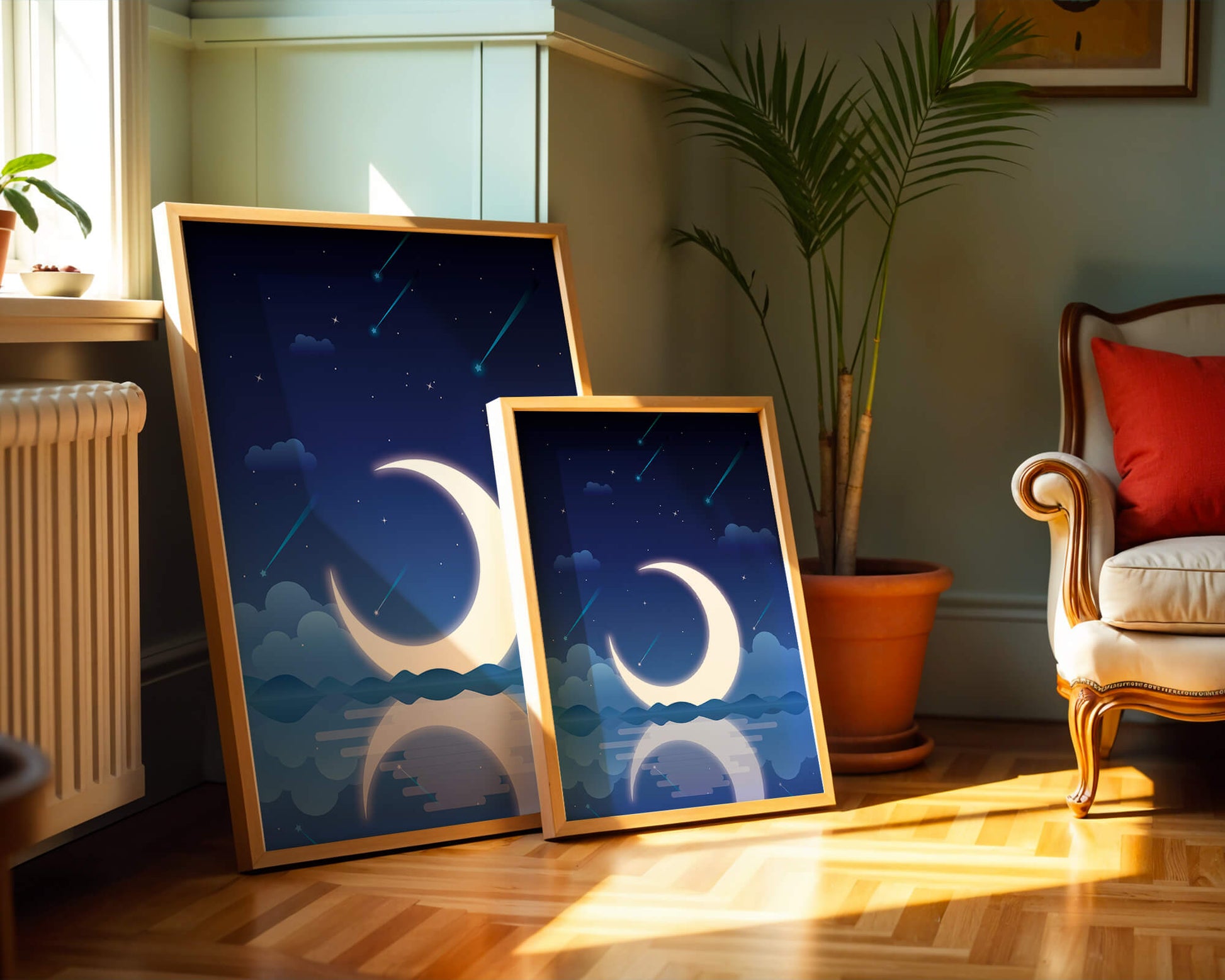 Serene night sky with crescent moon reflecting on water