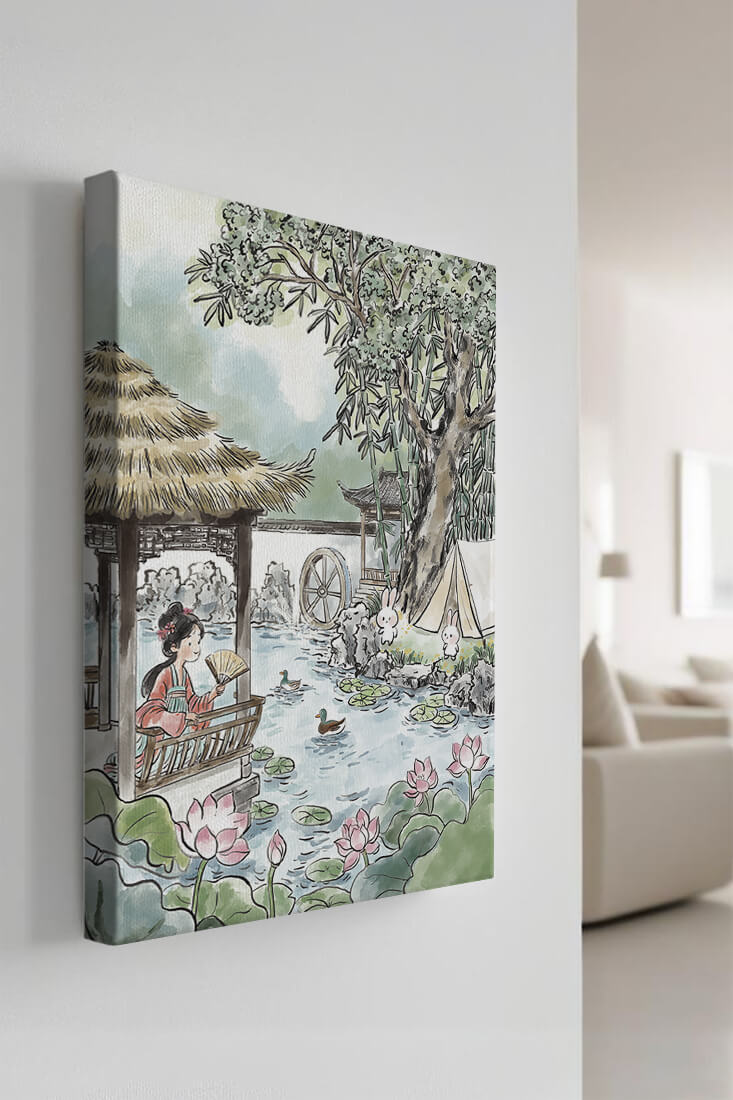 Escena tranquila de jardín con mujer, patos y conejos en un entorno tradicional