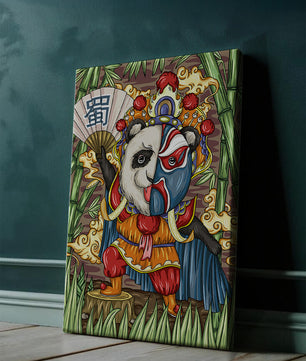 Colorful panda dressed in traditional Chinese opera costume surrounded by bamboo