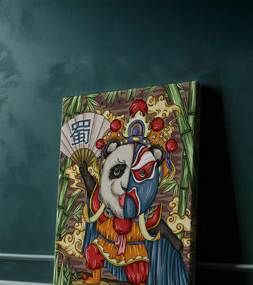 Colorful panda dressed in traditional Chinese opera costume surrounded by bamboo