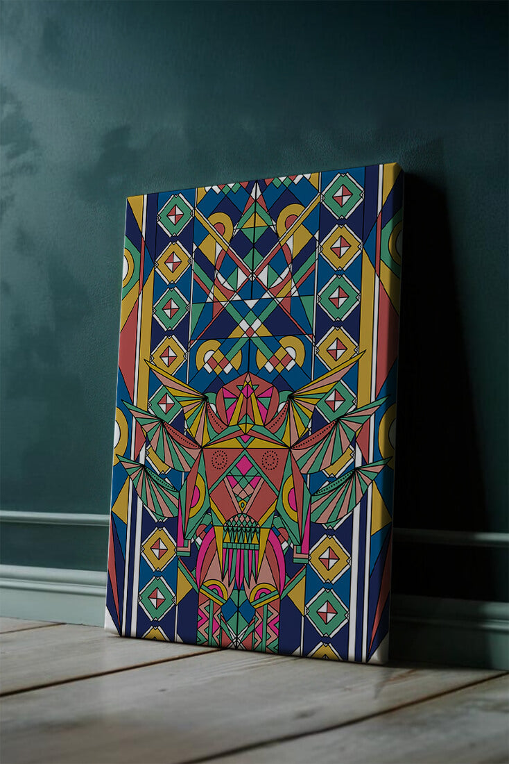 Obra de arte abstracta geométrica colorida con patrones simétricos