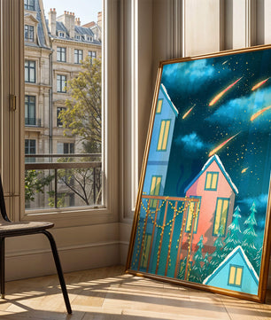 Winter Night Scene with Falling Meteors and Snow-Covered Houses