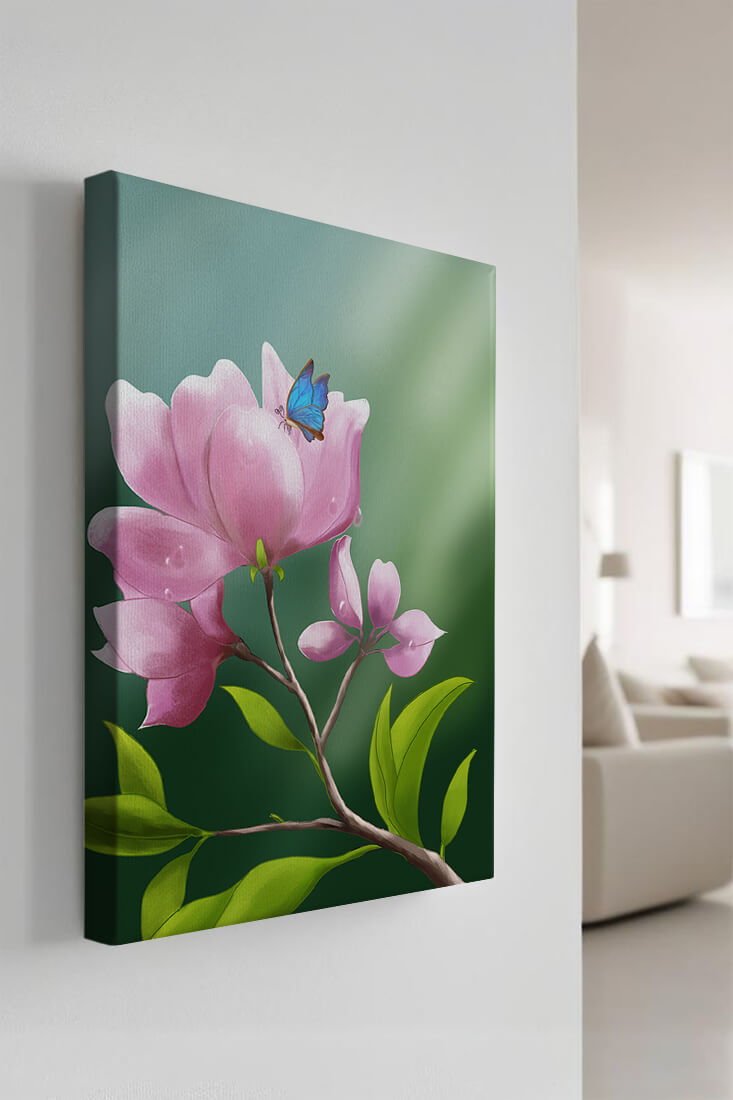 Delicate pink flower with a vibrant blue butterfly in a serene garden setting