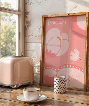 Springtime illustration with flowers and bird on pink background