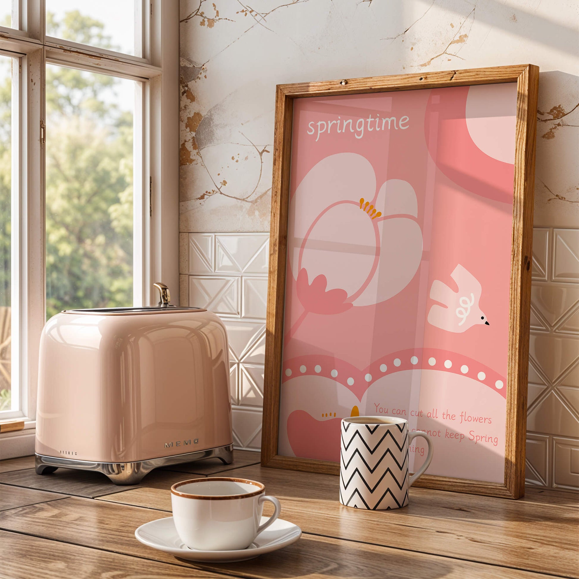 Springtime illustration with flowers and bird on pink background