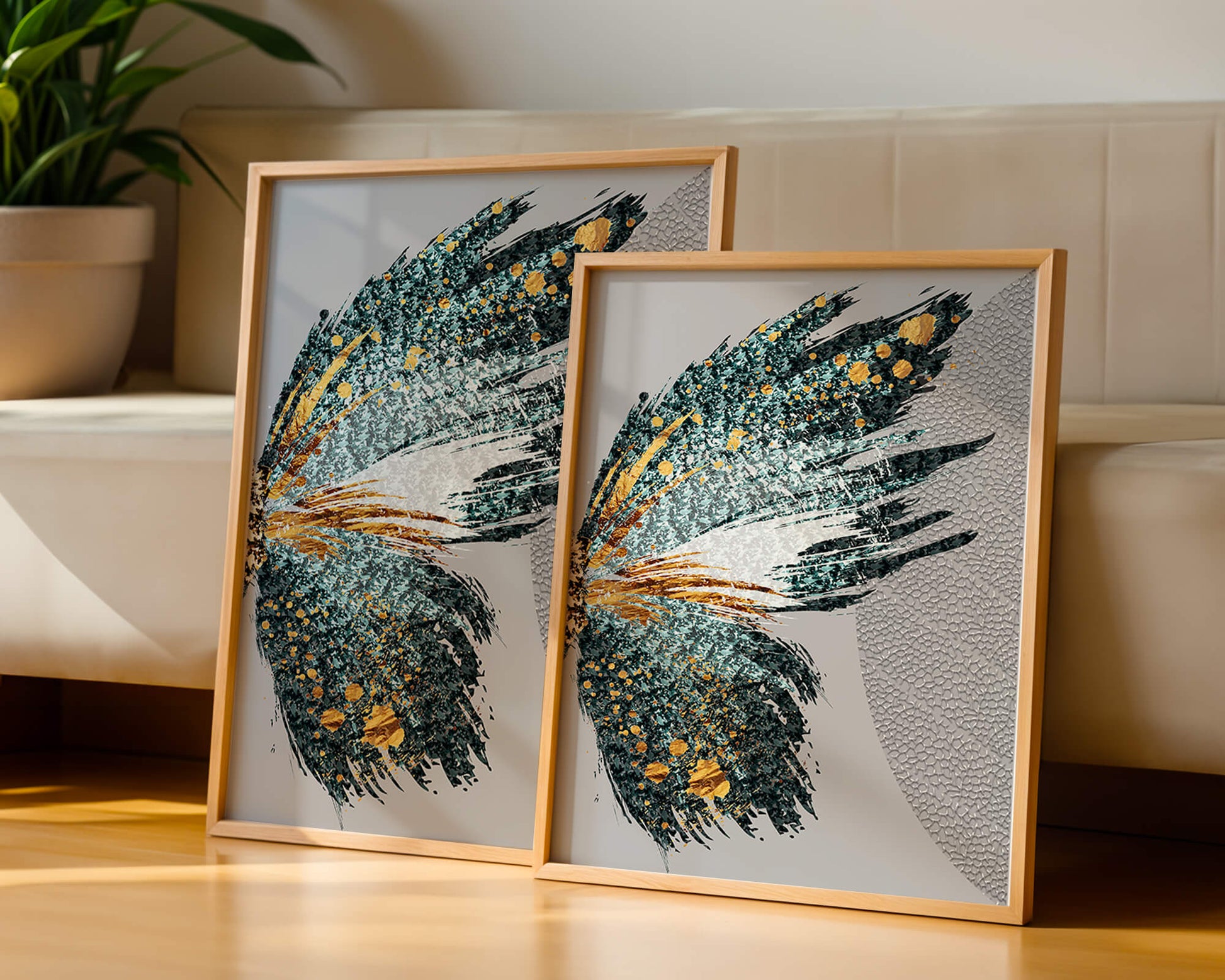 Ala de mariposa abstracta con detalles turquesa y dorados