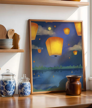 Lanterns Floating in Night Sky over Reflective Lake