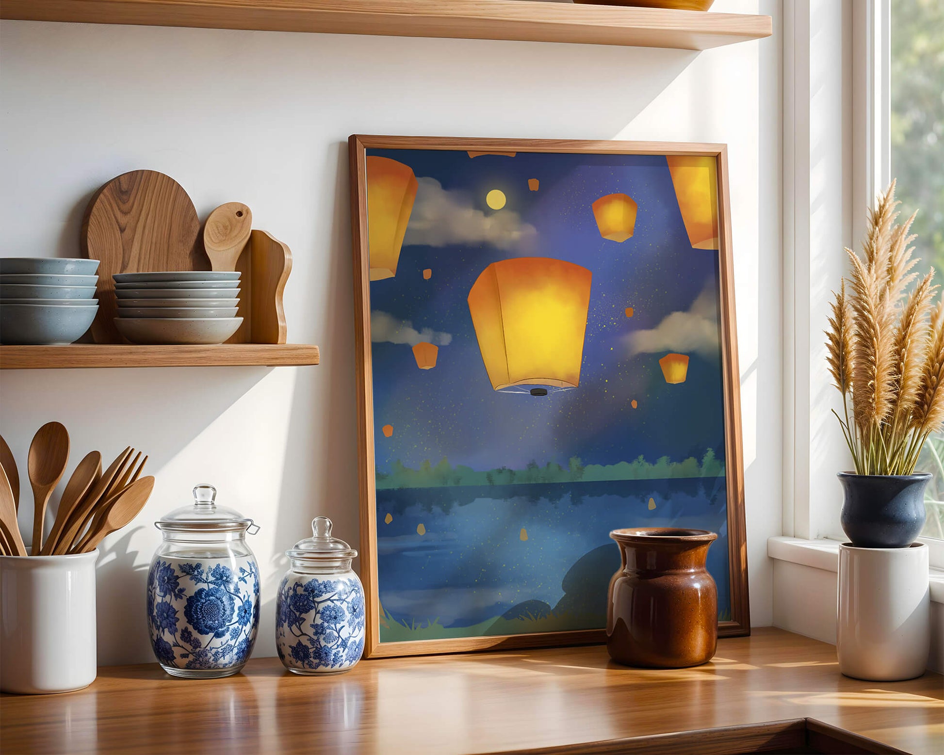 Lanterns Floating in Night Sky over Reflective Lake