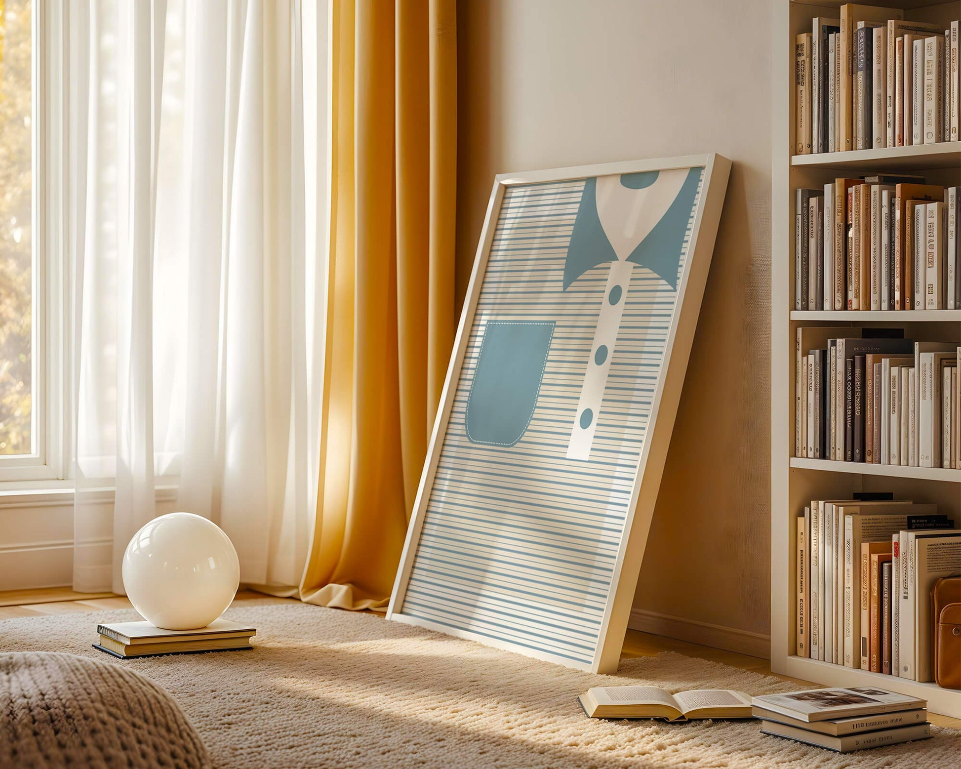 Minimalist artwork featuring striped pattern and abstract shapes