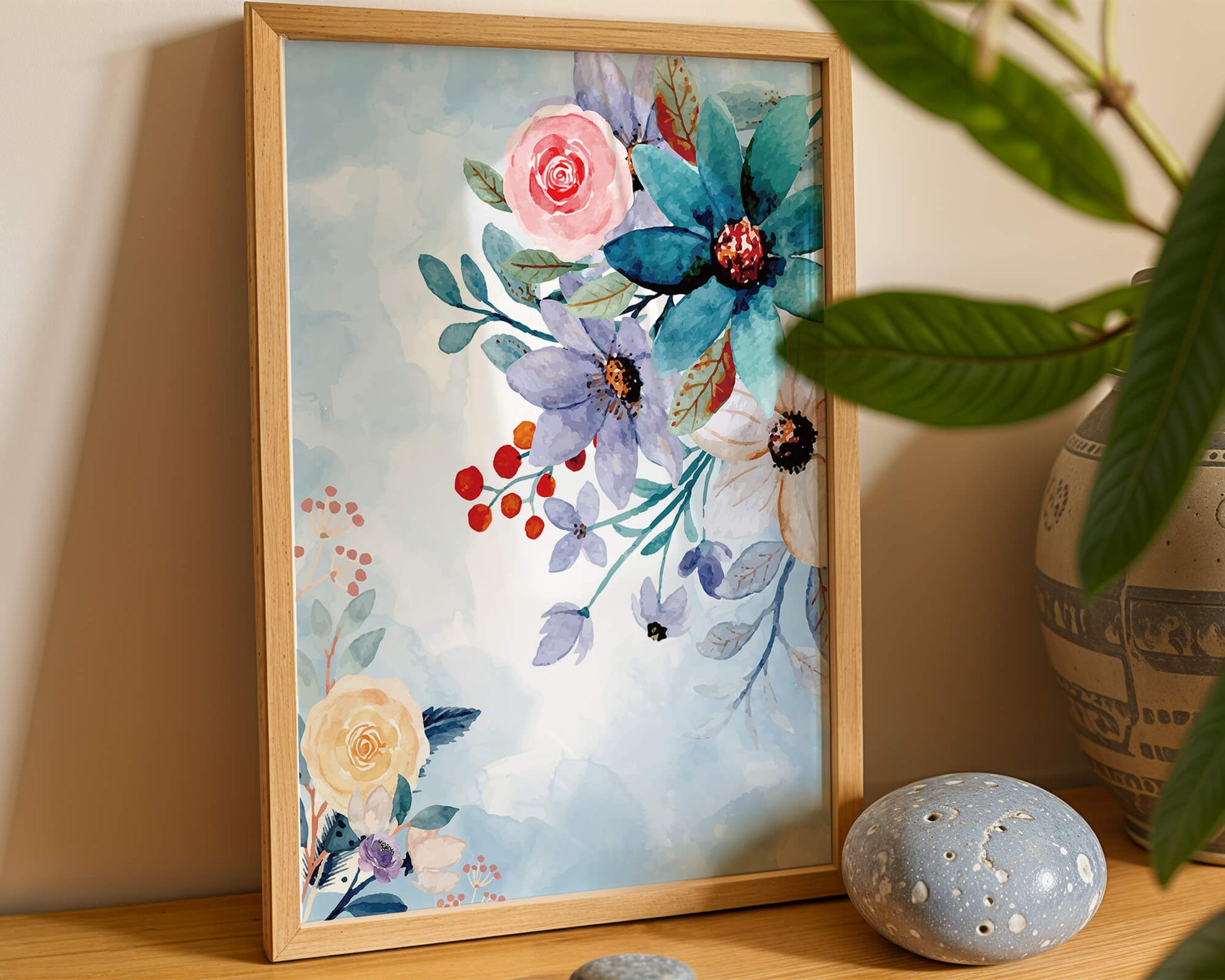 Ilustración floral acuarela con flores y hojas vibrantes