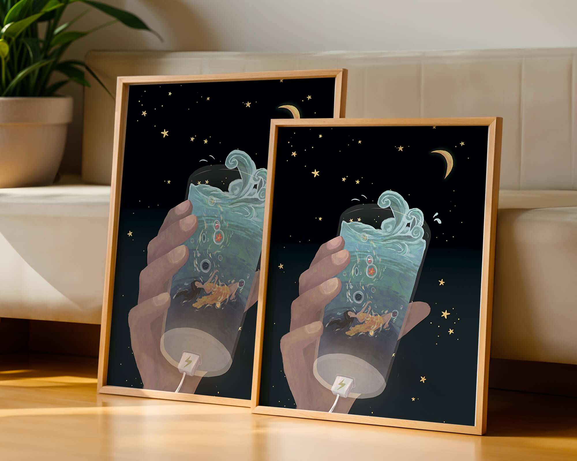Abstract night sky scene with hand holding a glass of swirling water