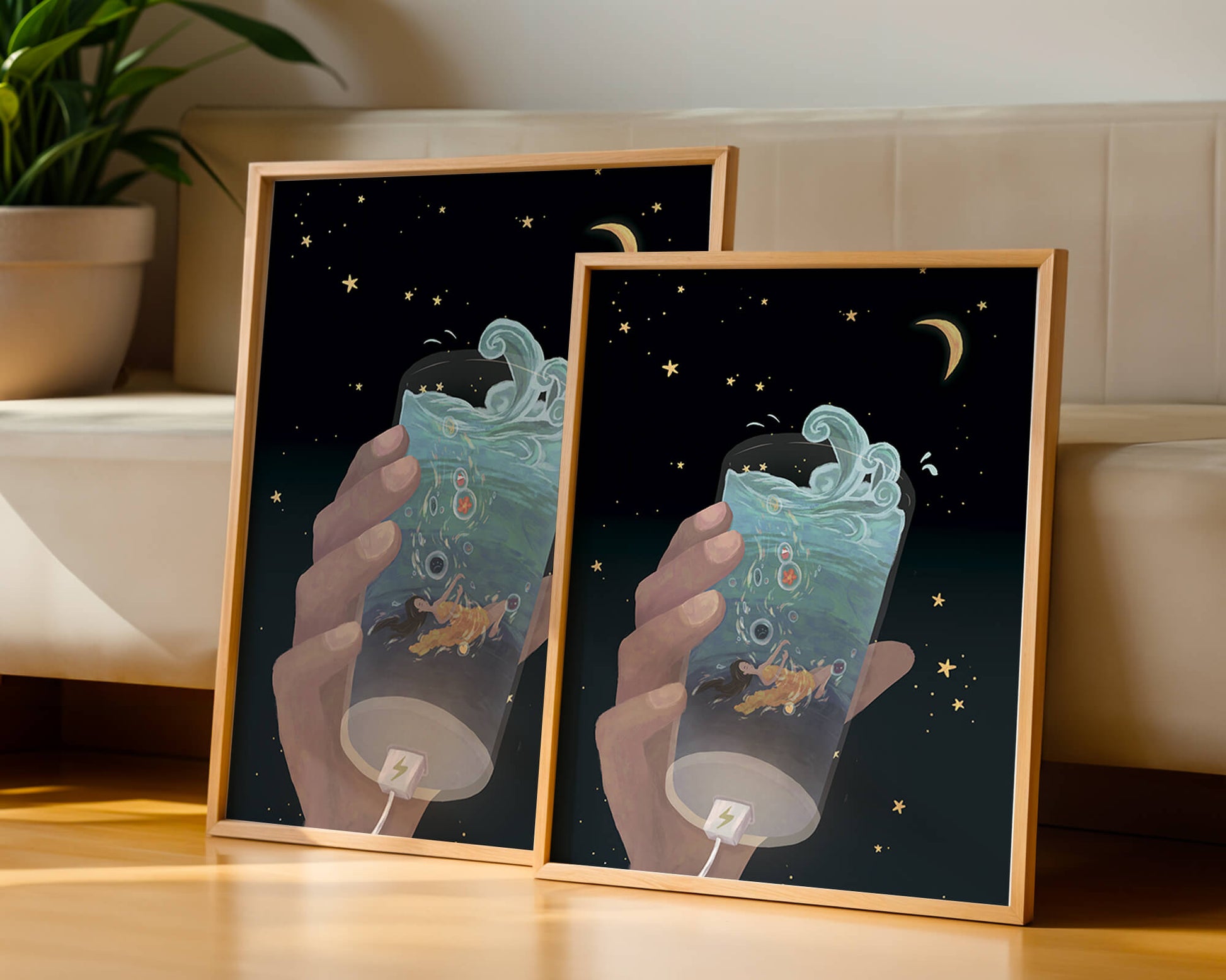 Abstract night sky scene with hand holding a glass of swirling water