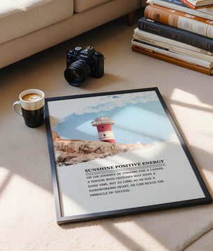 Faro inspirador con texto motivacional y fondo de cielo