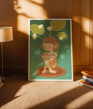 Ilustración de un niño con tocado floral y mariposas