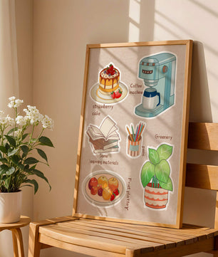 Elementos esenciales del hogar acogedor que incluyen pastel de fresa, cafetera y materiales de estudio