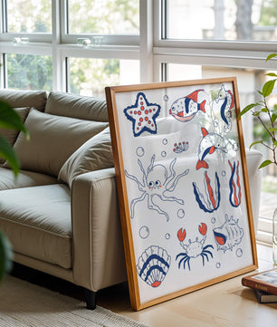 Colorful marine life illustration featuring sea creatures on a dark background