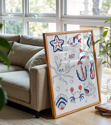 Colorful marine life illustration featuring sea creatures on a dark background