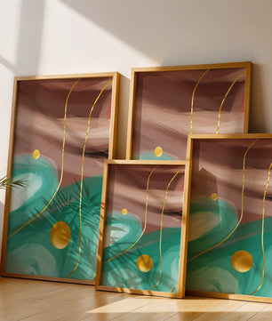 Composición abstracta con elementos dorados sobre fondo turquesa y marrón
