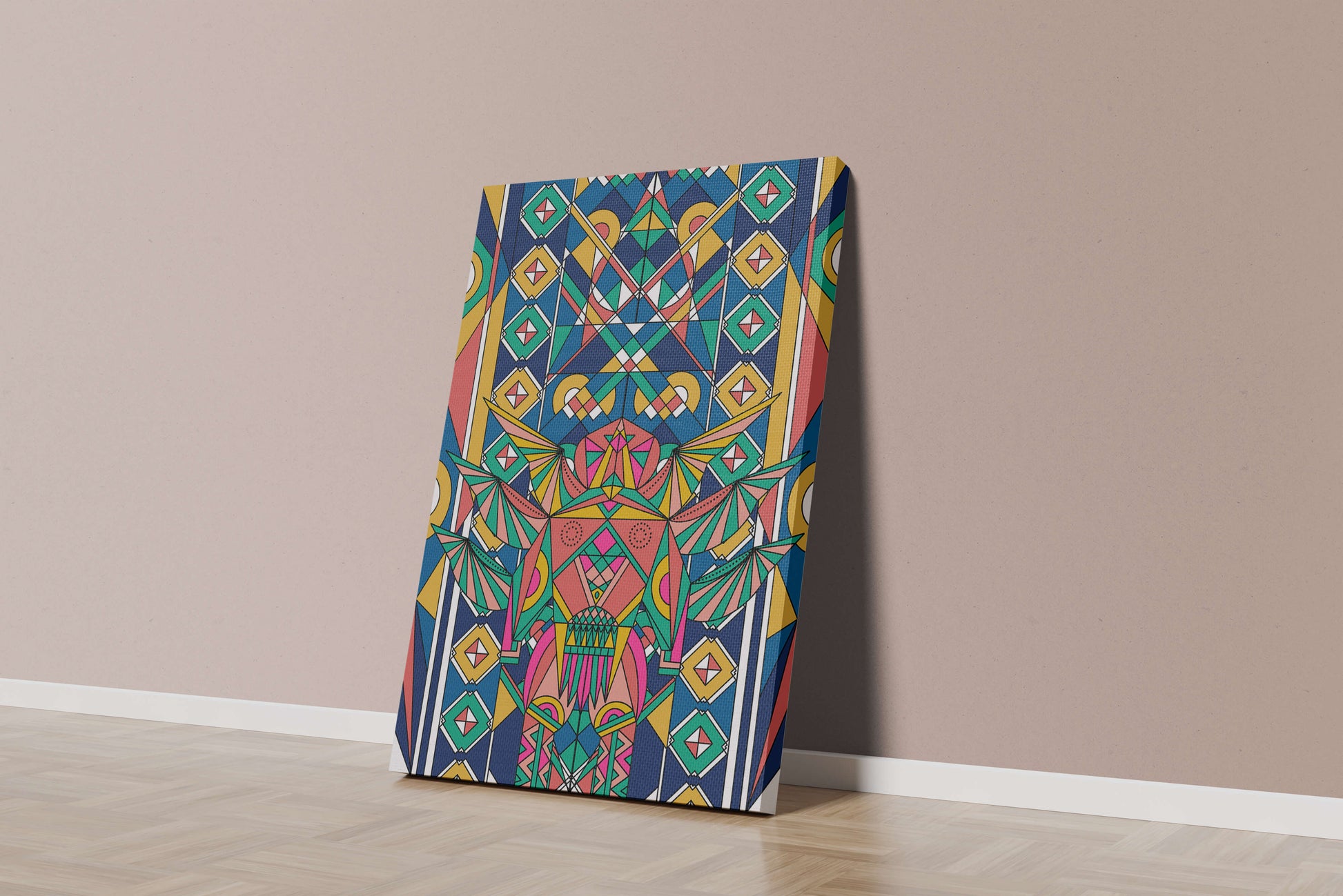 Obra de arte abstracta geométrica colorida con patrones simétricos