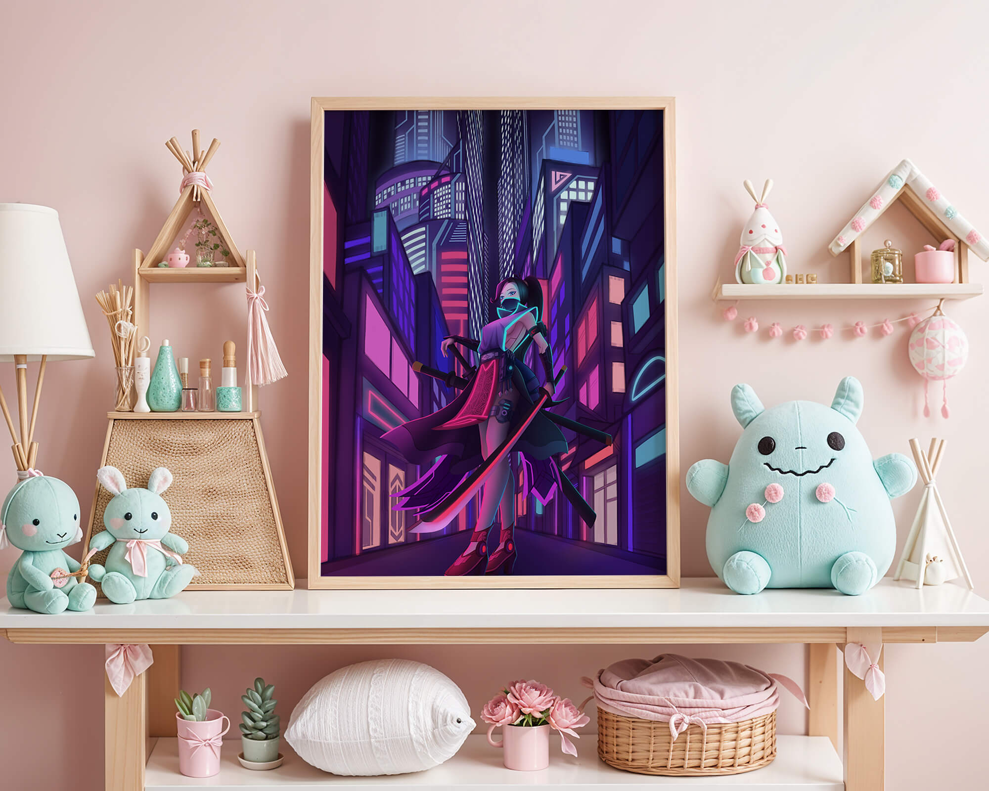 Futuristic cyberpunk cityscape with a female character and neon lights